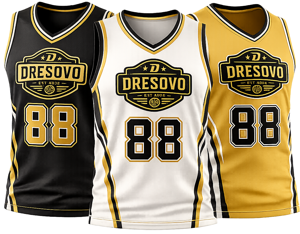 DRESOVO dresy na mieru — čierny, biely a zlatý dres